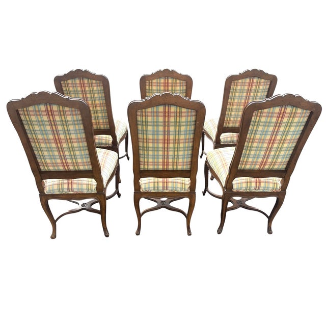 French Vintage French Style Wood and Plaid Upholstered Dining Chairs- A Set of 6 For Sale - Image 3 of 11