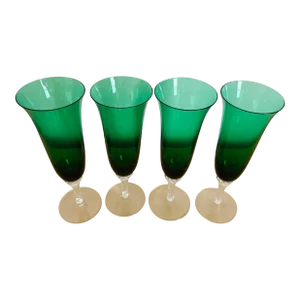 Early 20th Century Green Crystal Flute Pilsner Stemware Glasses- Set of 4