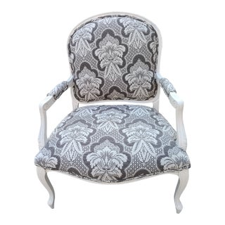 Vintage French Style Armchair Wood Frame Damask Upholstery For Sale