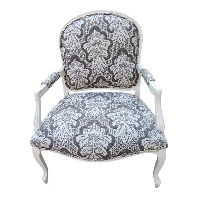 Vintage French Style Armchair Wood Frame Damask Upholstery For Sale