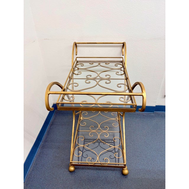 Hollywood Regency Vintage Hollywood Regency Gilt Metal & Glass Two-Tier Bar Cart or Tea Trolley For Sale - Image 3 of 12