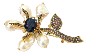 Bochic "Orient" Blue Sapphire & Multi Fancy Sapphires Brooch 18K Gold & Silver