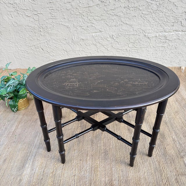 Ethan Allen Black Chinoiserie Oval Tray Table For Sale - Image 11 of 11