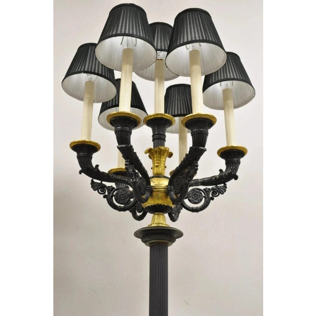Late 19th Century French Empire Tall Bronze & Marble Lighted Candelabra Torchiere Floor Lamps - a Pair For Sale - Image 14 of 18