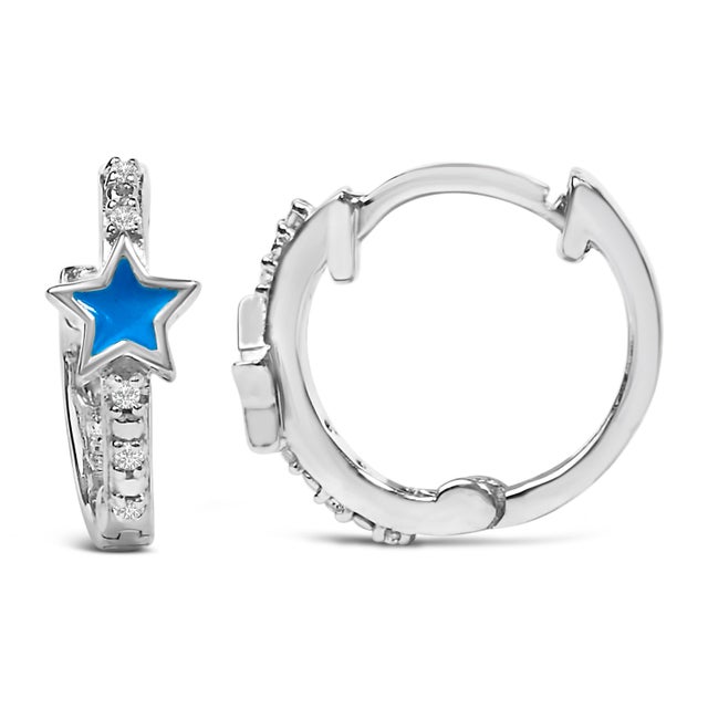 Contemporary .925 Sterling Silver Diamond Accent and Blue Enamel Star Hoop Earrings For Sale - Image 3 of 5