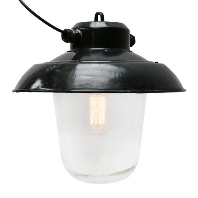 Industrial Black Enamel & Clear Glass Pendant Lights For Sale - Image 6 of 8