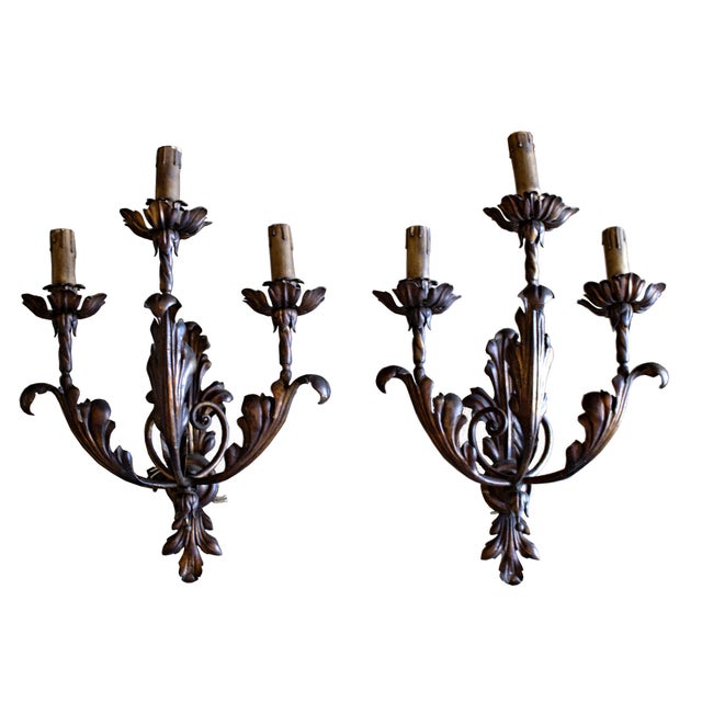 Vintage Baroque Style Three-Light Wall Lamps, 1950s, Set of 2 For Sale - Image 13 of 13