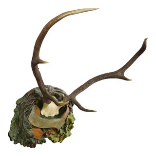 Antique Black Forest Deer Trophy on Plaster Plaque, Ca. 1920s For Sale