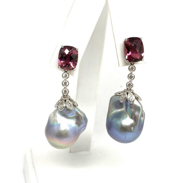 Traditional Diamond Rubellite Tourmaline Pearl Earrings 18k Gold 6.25 TCW Certified For Sale - Image 3 of 10