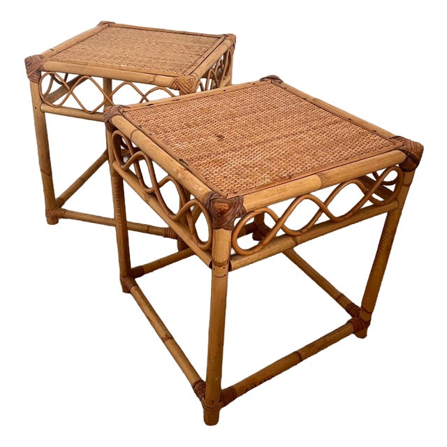 Bamboo Bedside Tables with Detailing, Set of 2 For Sale