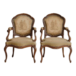Early 20th Century Pair of Louis XV-Style Carved Wood Armchairs With Tapestry Upholstery