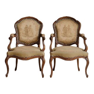 Pair of Early 20th Century Louis XV-Style Carved Wood Armchairs With Tapestry Upholstery For Sale