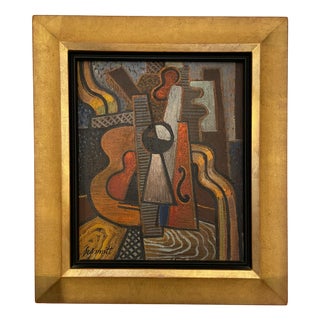 Gilberte Schmitt, Cubist Still Life with Violin, 1920s, Oil on Canvas For Sale