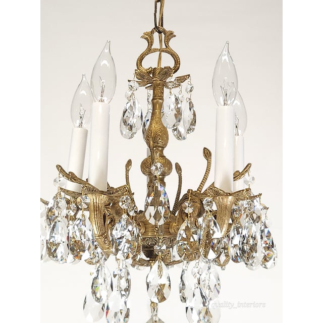 Metal Antique 5 Light Sensational Shinning Swanky Brass Cut Lead Crystal Chandelier ~ Rewired ~ Restored ~ Rejuvenated ~ Ready to Hang ~ For Sale - Image 7 of 12