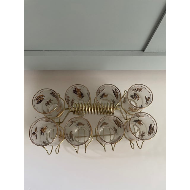 1960s Mid Century Highball Glasses Libbey Frosted W 22 Karat Gold Leaf, Set of 8 With Caddy For Sale - Image 5 of 11