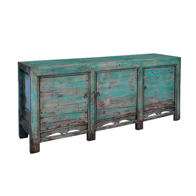 Distressed Pastel Teal Blue Finish High Credenza Console Buffet Table