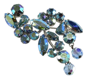 1960s Vintage Kramer Brooch Blue With Rhinestones & Glass Bead Dangles