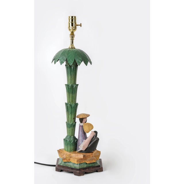 Mid 20th Century Vintage Chinoiserie Tole Palm Tree Lamp With Man Sitting Under Tree For Sale - Image 5 of 11