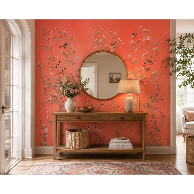 Bring warmth, elegance, and artistic charm into your interior with this luxury hand-painted coral chinoiserie wallpaper...