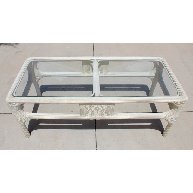 Wood Vintage 1980s Coastal Pencil Reed Rattan & Glass Coffee Table For Sale - Image 7 of 16