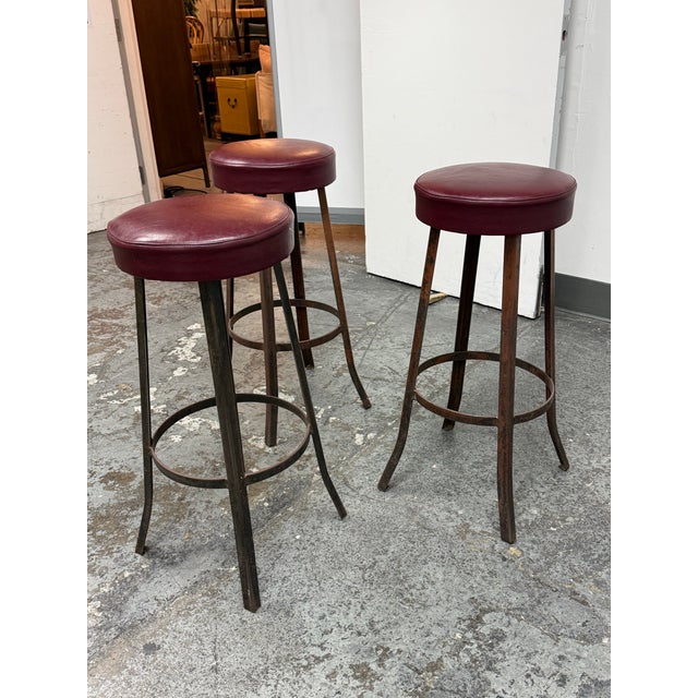 Mid 20th Century Burgundy Vinyl + Metal Bar Stools, Set of Three For Sale - Image 4 of 12