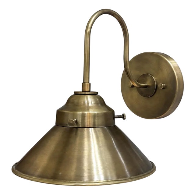 Solid Brass Industrial Wall Sconce, Antique Brass Dome Shade, Farmhouse Bedroom Lighting For Sale