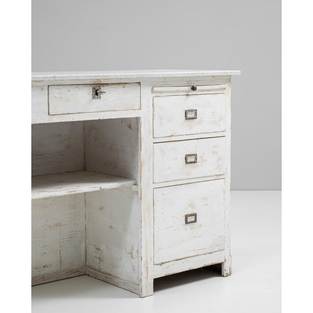 1900s French Wood White Patinated Shop Counter With Marble Top For Sale In Greensboro - Image 6 of 18