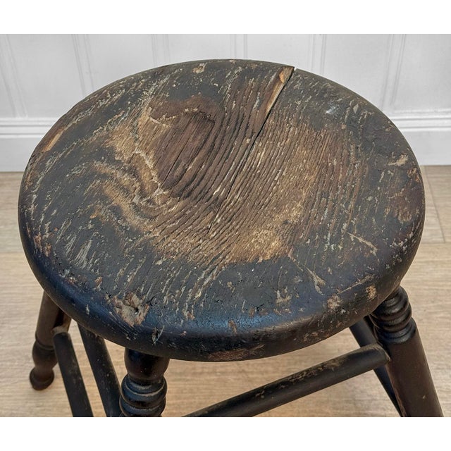 Antique Primitive Farmhouse Black Wood Round Milking Stool For Sale - Image 6 of 9