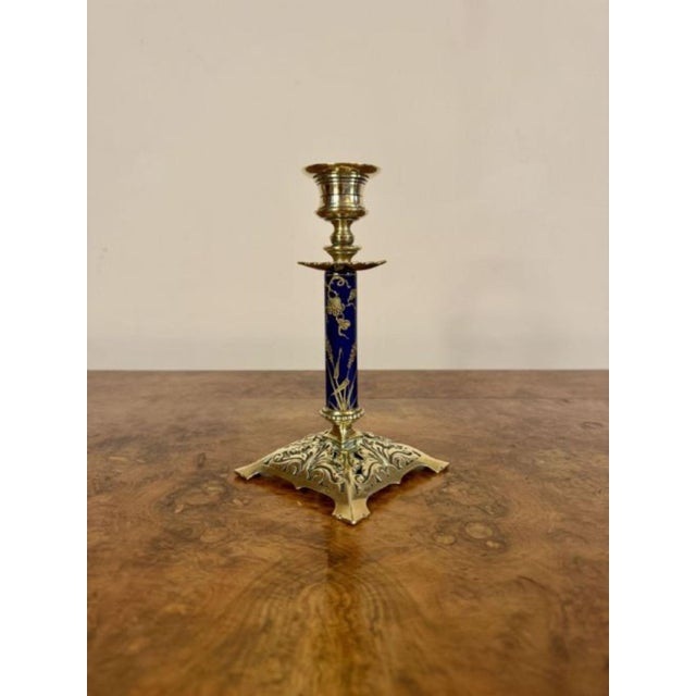 Antique Victorian Brass and Porcelain Candlesticks, 1880, Set of 2 For Sale - Image 3 of 7