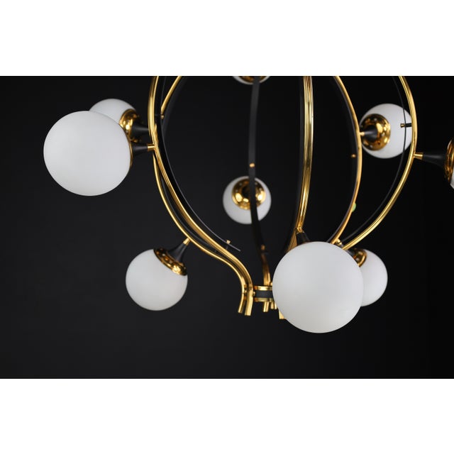 Mid-Century Chandelier in Brass and 12 Opaline Globes from Stilnovo, Italy 1950s For Sale - Image 9 of 17