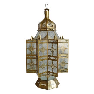 Vintage Moroccan Brass & Etched Glass Pendant Light For Sale