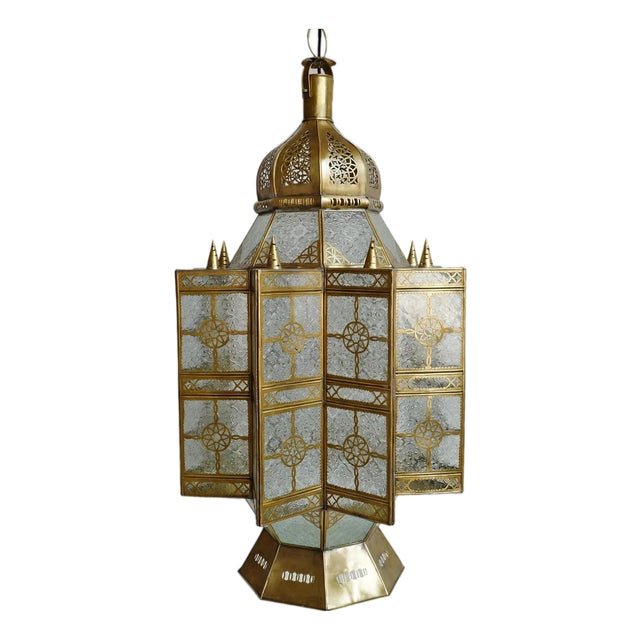 Vintage Moroccan Brass & Etched Glass Pendant Light For Sale