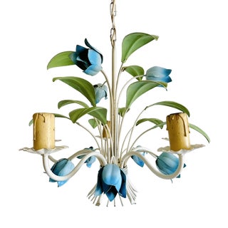 French Blue Tole Tulip 5-Light Chandelier, 1960s For Sale