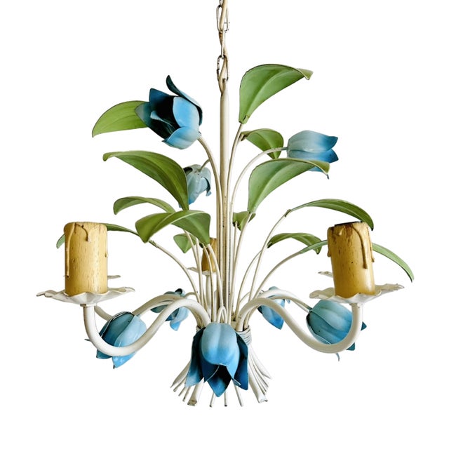French Blue Tole Tulip 5-Light Chandelier, 1960s For Sale