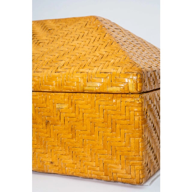Modern Vintage Woven Leather and Wood Hinged Monumental Box Rattan Style Pagoda Style For Sale - Image 3 of 15