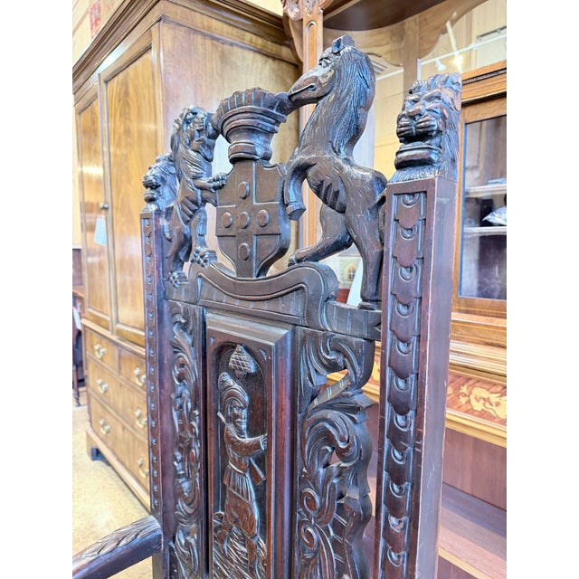 Late 19th Century Antique Renaissance Revival Heraldic Carved Throne Chair For Sale - Image 5 of 10