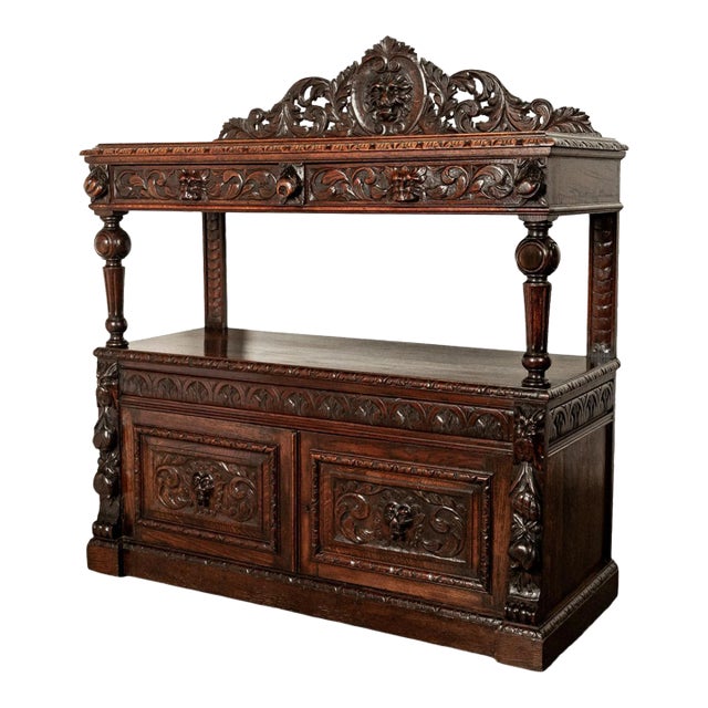 Antique Scottish Carved Oak Renaissance Revival Wine Server Buffet Sideboard For Sale