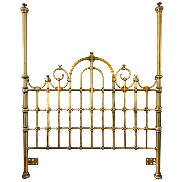 Brass Antique English Victorian Solid Brass Full Size Headboard, Tall Post, 100% Brass, Arched Scrollwork C. 1890s For Sale - Image 8 of 13