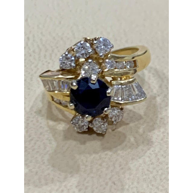 Blue 1 Carat Round Blue Sapphire & 1.65 Carat Diamond Cocktail Ring in 14 Karat Gold For Sale - Image 8 of 18