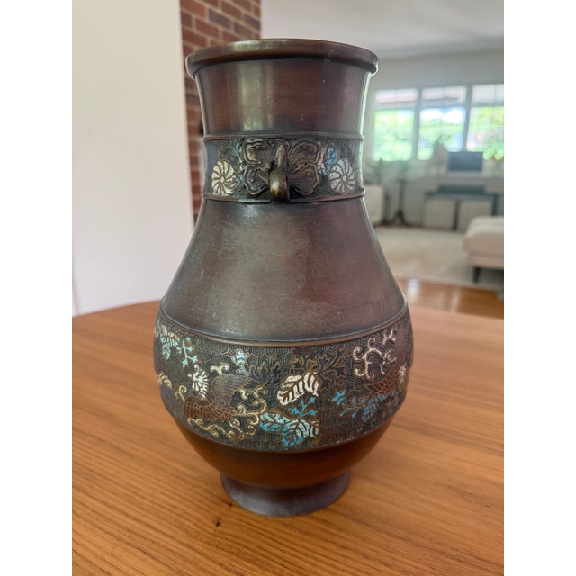 Antique Japanese Meiji Bronze Champlevé Enamel Hu Vase With Ring Handles For Sale - Image 4 of 6