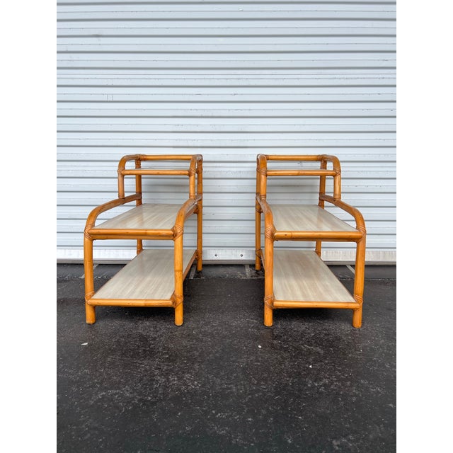 Mid-Century Modern Vintage Mid-Century Modern 3-Tier Bamboo & Rattan Side Tables - A Pair For Sale - Image 3 of 9