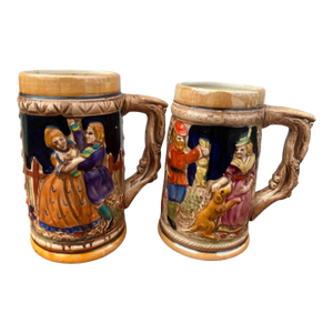 1990s Set of 2 Vintage German Beer Steins - Hand-Painted Ceramic Mugs -Rustic Folk Art