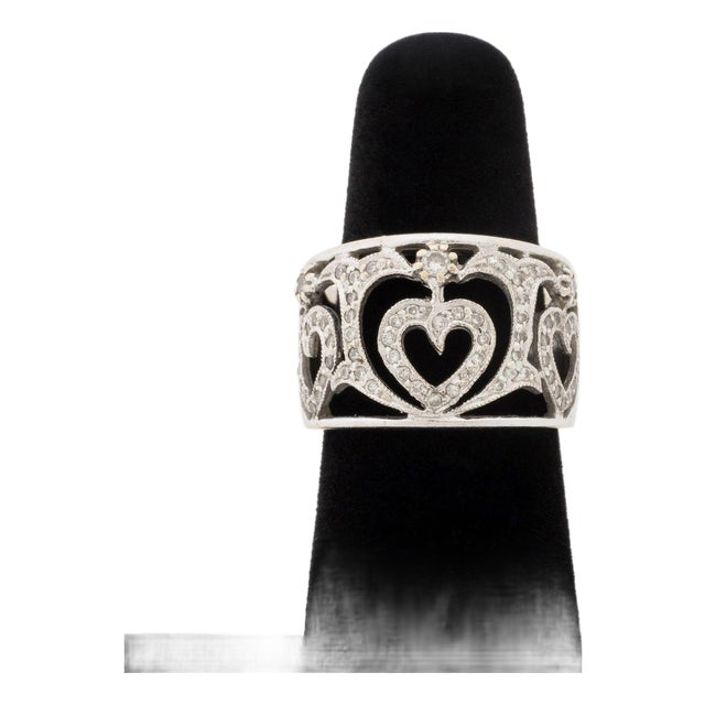 Heart Motif Openwork Pave Diamond and 18k White Gold Ring For Sale