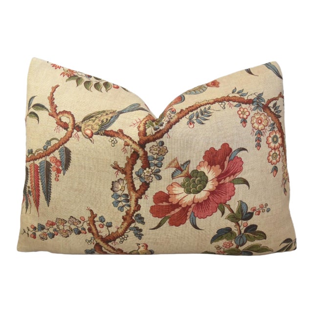 Designer Lee Jofa Botanical Floral & Birds Feather/Down Pillow For Sale