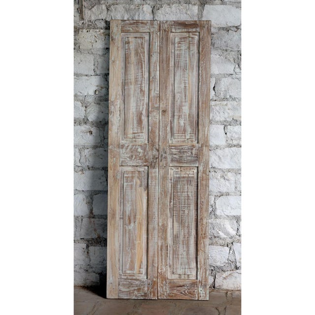 Mid-Century Modern Antique Carved Double Barn Door – Rustic Farmhouse Sliding Doors in Distressed Wood 80x26 For Sale - Image 3 of 5