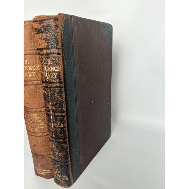 Animal Skin Antique i.c.s. Reference Library Books – Brown & Black Leather-Bound Design Volumes, Pair For Sale - Image 7 of 10