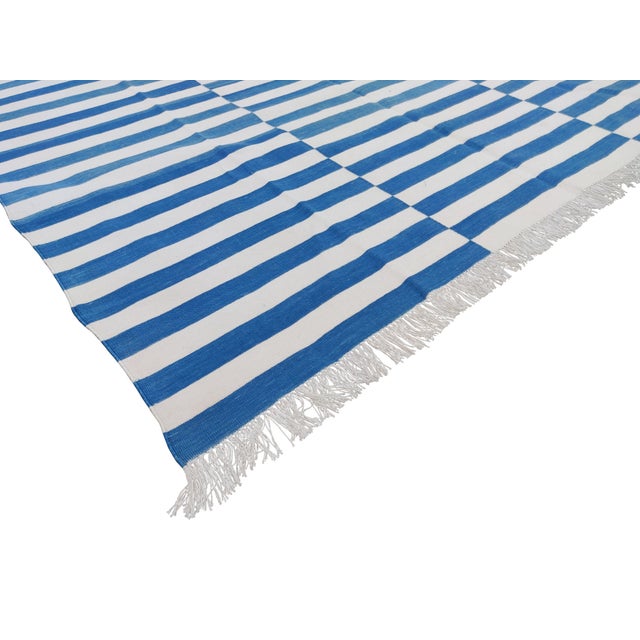 Casa Cosima Handmade Sky Blue and White Cotton Vegetable Dyed Striped Rug - 14'x16' For Sale - Image 4 of 9