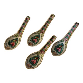 Vintage Hong Kong Porcelain Chinese Soup Spoons, Pink Floral & Longevity Motif Famille Rose Style — Set of 4 For Sale