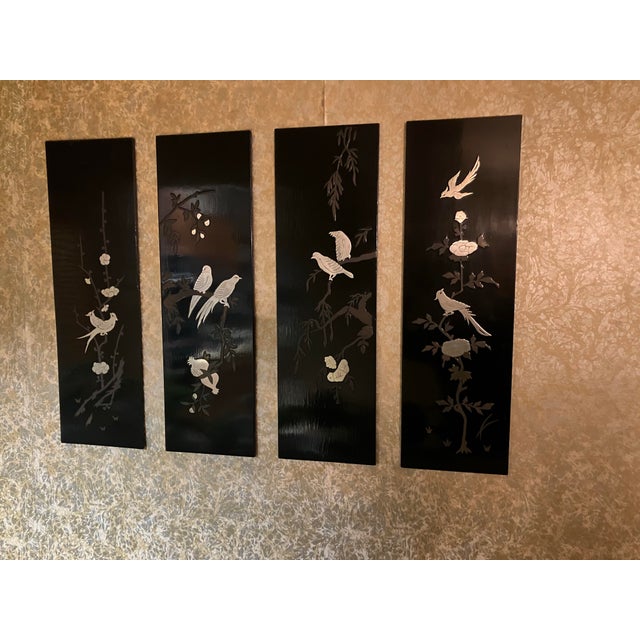 Mid-Century Modern Set of 4 Vintage Mid-Century Asian Oriental Inlaid Black Lacquer Wall Art Plaque Panels For Sale - Image 3 of 4