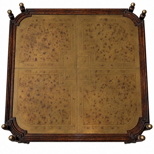 This is a 1970s Chinese Chippendale style faux bamboo and brass tray form square coffee table. The brass tray is patinated...